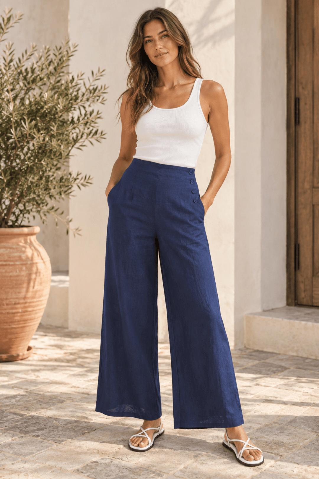 Linen Palazzo Pant - Navy - SS29 - Pizazz BoutiqueSee Saw