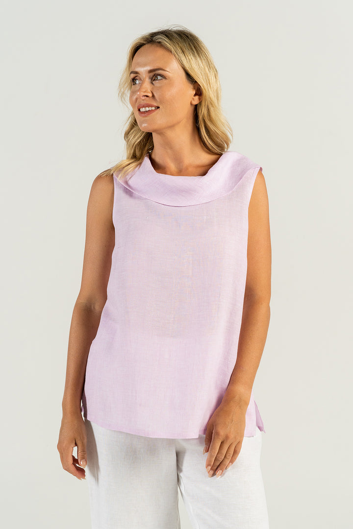 Woman wearing a cowl neck top in pink lilly by See Saw clothing, sold and shipped from Pizazz Boutique Nelson Bay online women's clothes shops Australia