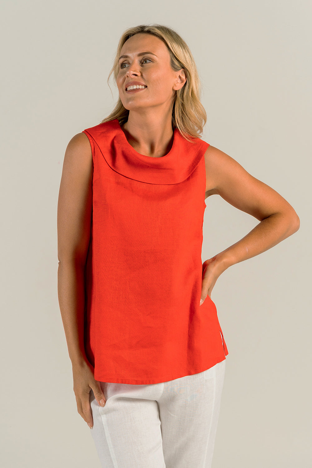 Woman wearing a Cowl Neck top in red by See Saw, sold and shipped from Pizazz Boutique Nelson Bay online women's clothes shops Australia