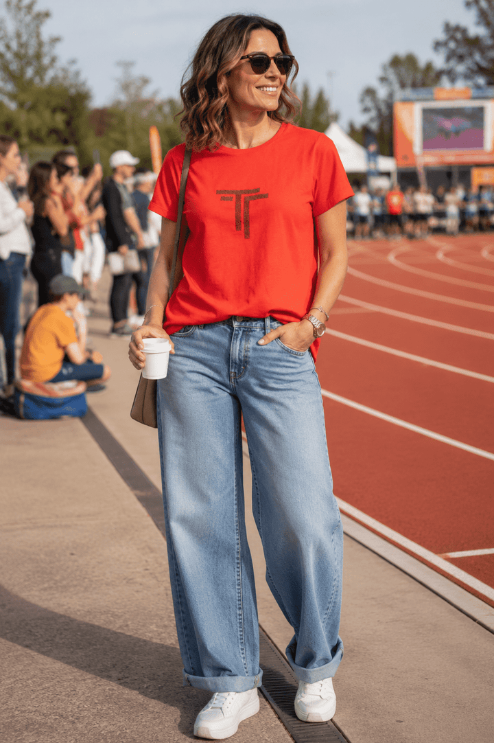 Logo Sequin Crew Neck Tee - Intense Orange - TT23 - Pizazz BoutiqueTwo - T's