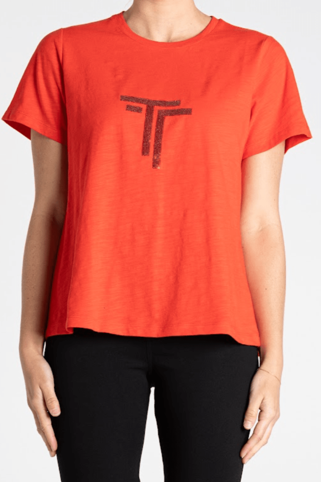 Logo Sequin Crew Neck Tee - Intense Orange - TT23 - Pizazz BoutiqueTwo - T's