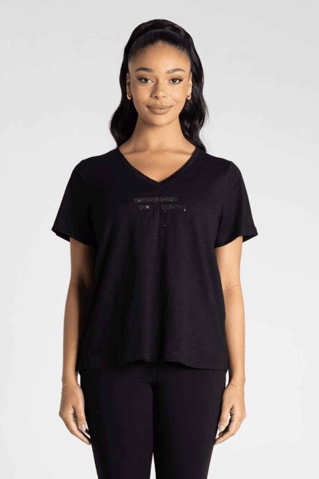 Logo Sequin V - Neck Tee - Black - TT22 - Pizazz BoutiqueTwo - T's