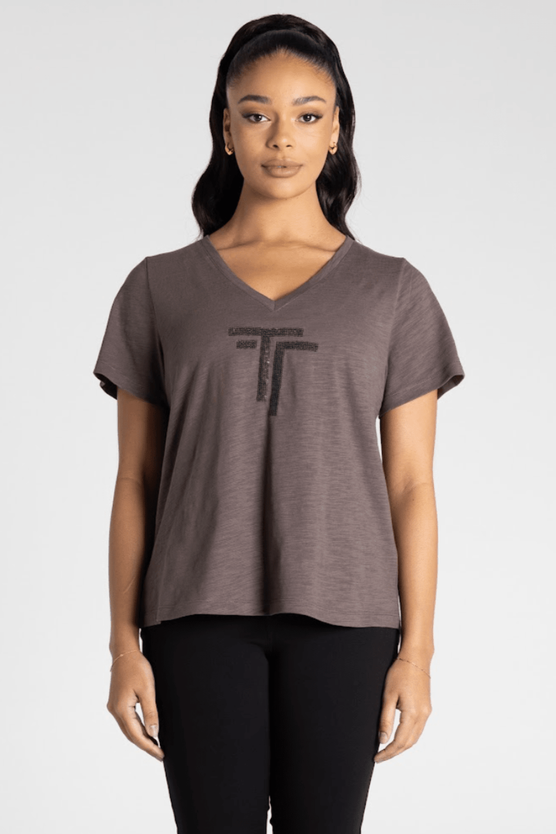 Logo Sequin V - Neck Tee - Slate - TT22 - Pizazz BoutiqueTwo - T's