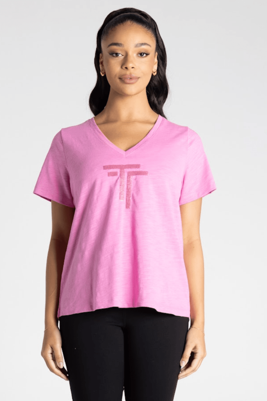 Logo Sequin V - Neck Tee - Ultra Pink - TT22 - Pizazz BoutiqueTwo - T's