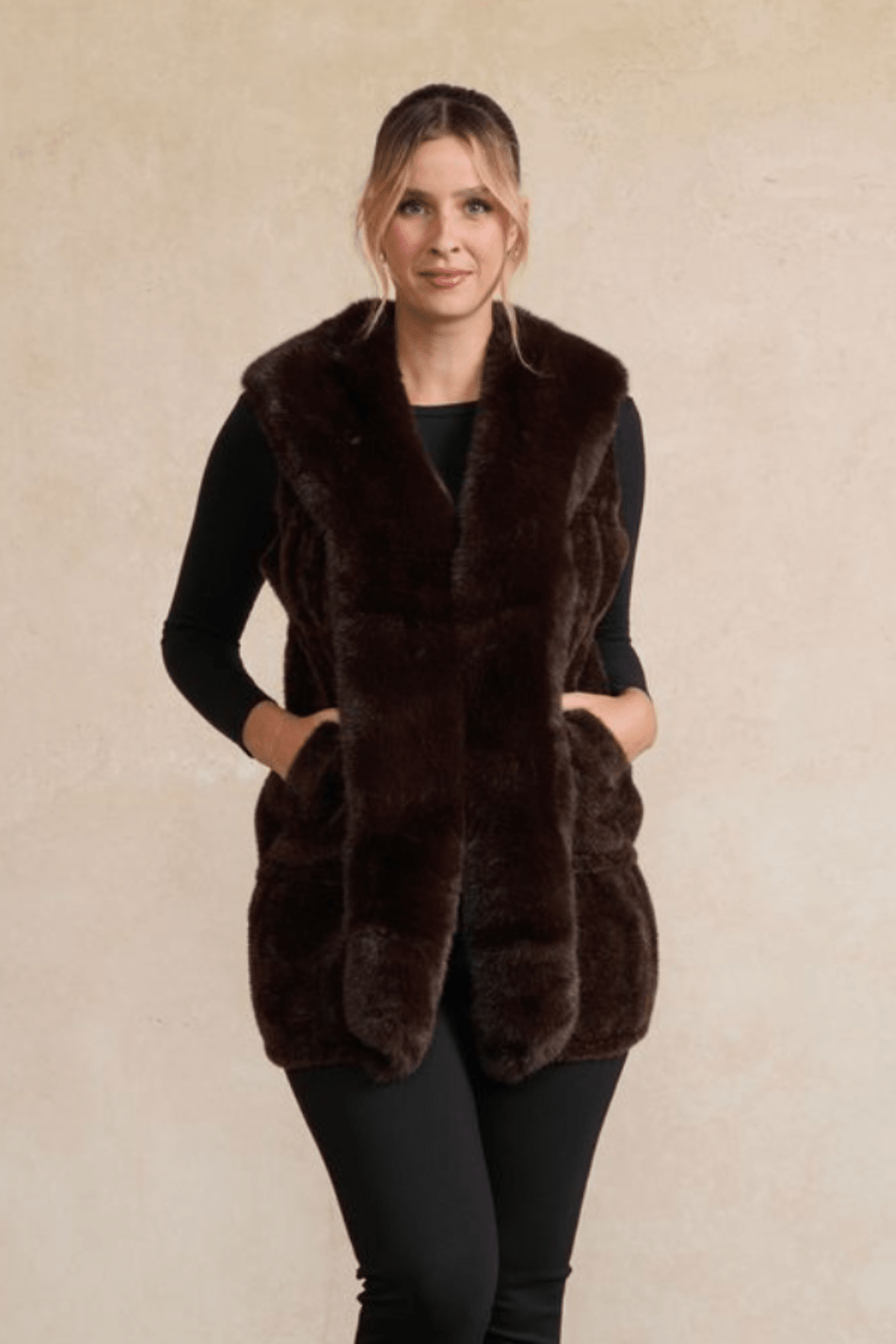 Long Faux Fur Vest - Chocolate - CJ28 - Pizazz BoutiqueHolmes & Fallon