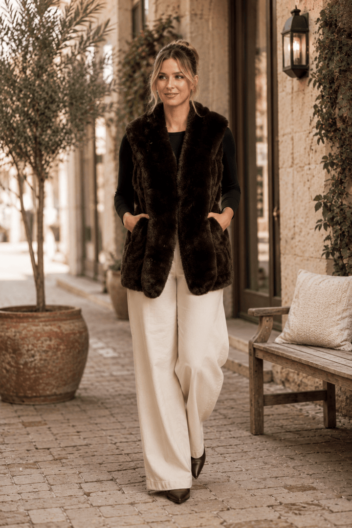 Long Faux Fur Vest - Chocolate - CJ28 - Pizazz BoutiqueCaju