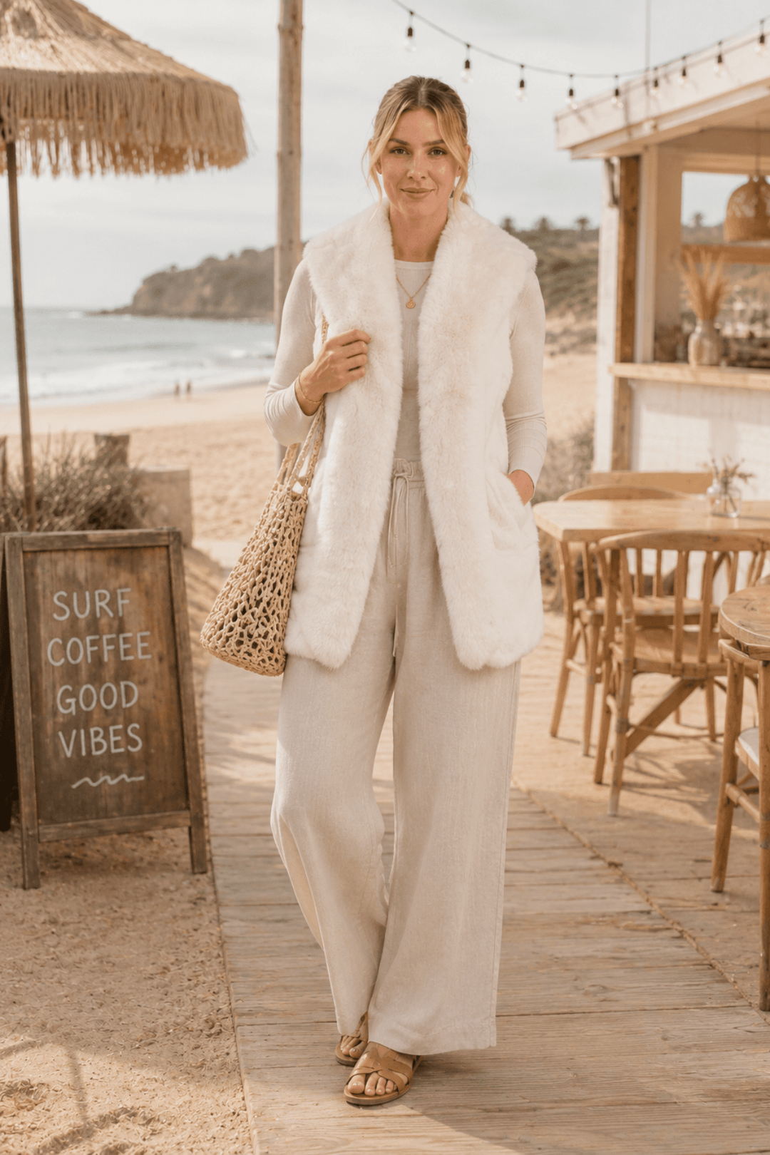Long Faux Fur Vest - Cream - CJ28 - Pizazz BoutiqueCaju