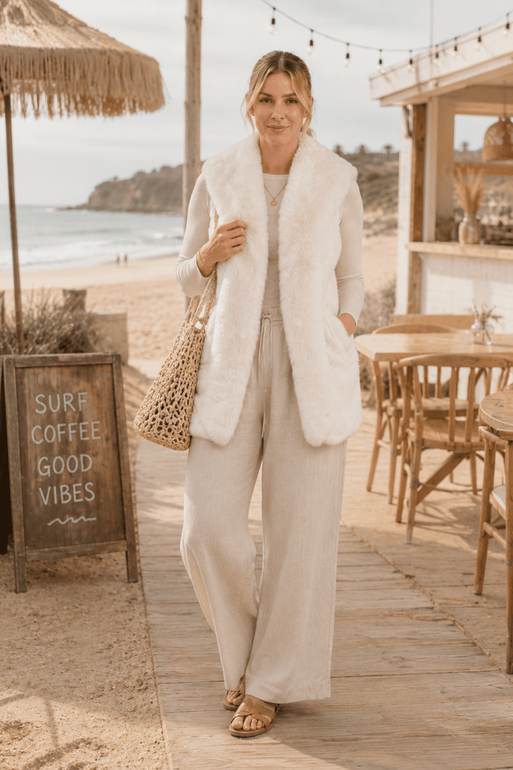 Long Faux Fur Vest - Cream - CJ28 - Pizazz BoutiqueCaju