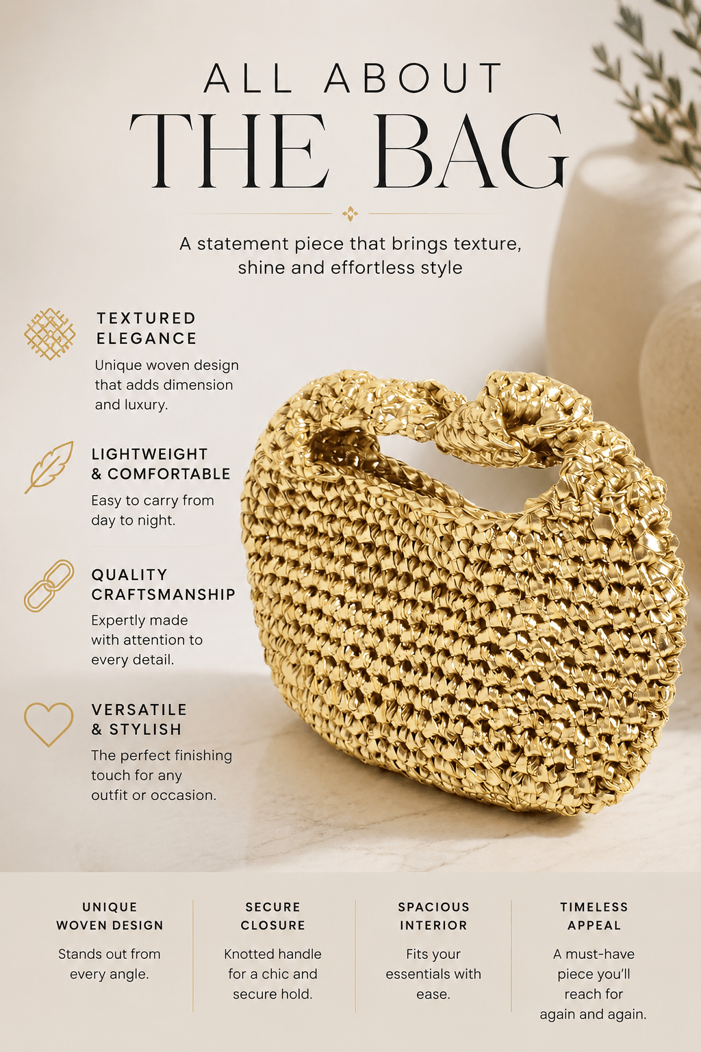 Melanie Metallic Shoulder Bag - Gold - AD34 - Pizazz BoutiqueAdorne