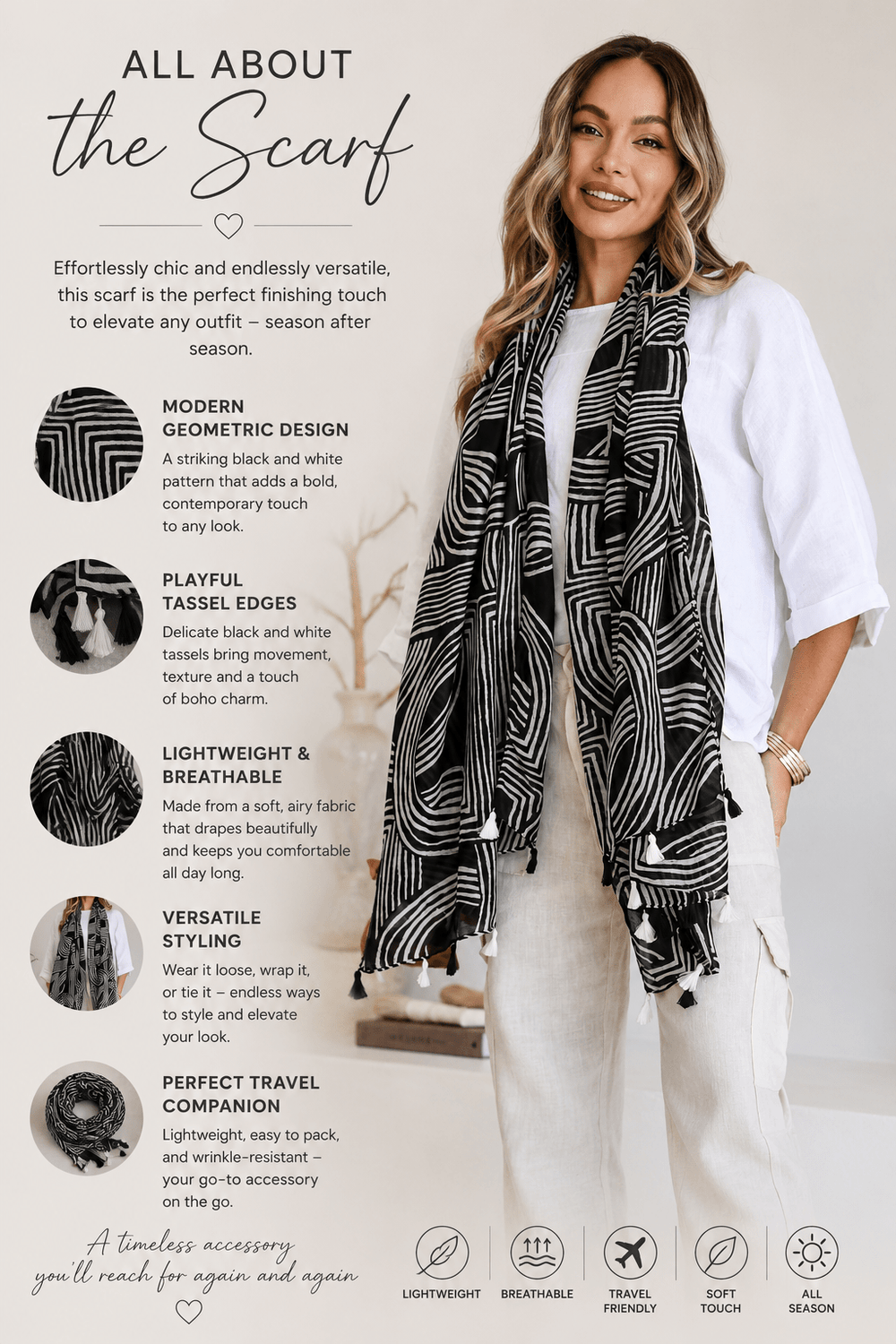 Monotone Scarf - Black - FR15 - Pizazz BoutiqueFree Spirit
