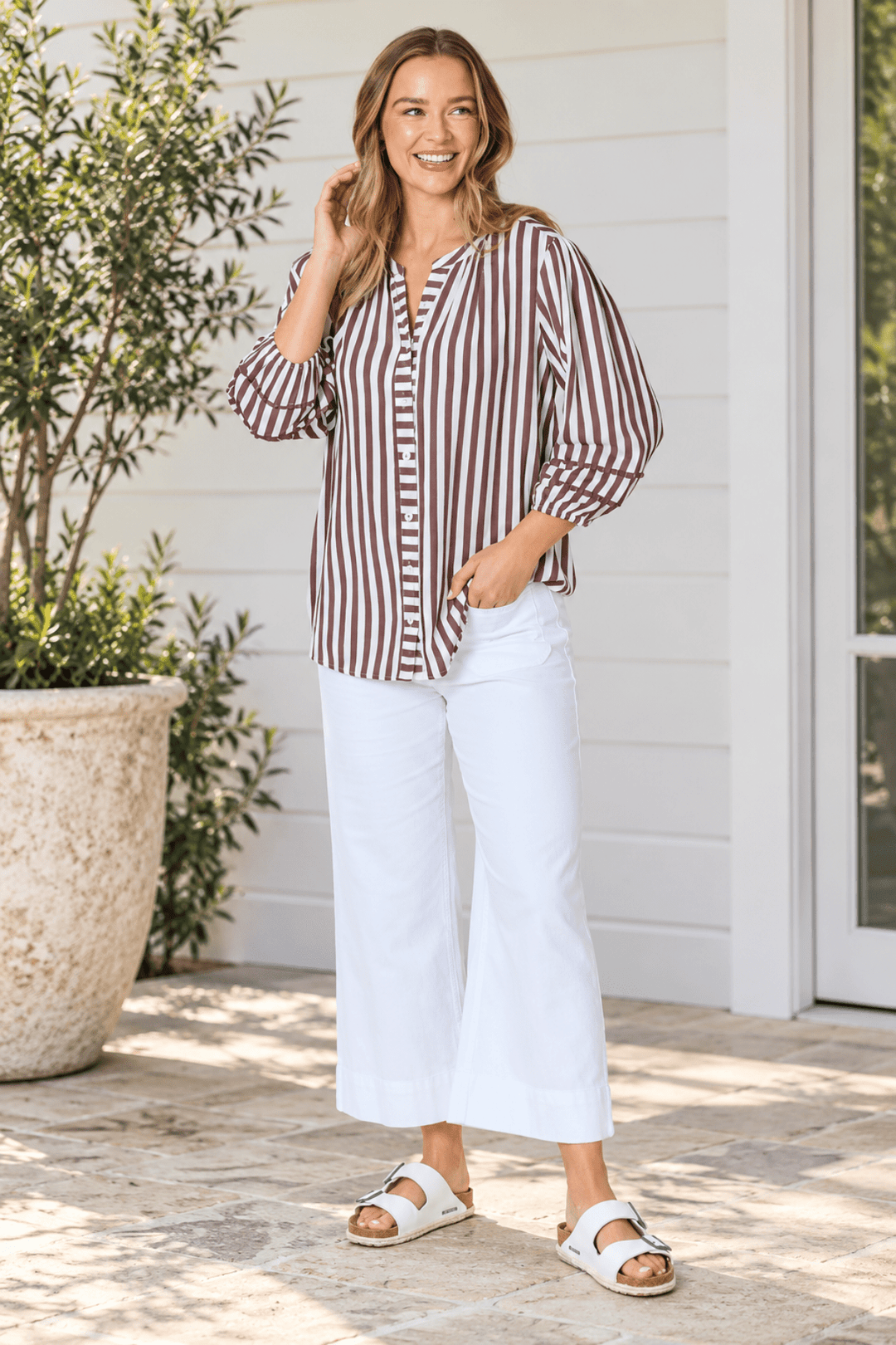 Montecito Stripe Top - Coffee - Pizazz BoutiqueThreadz