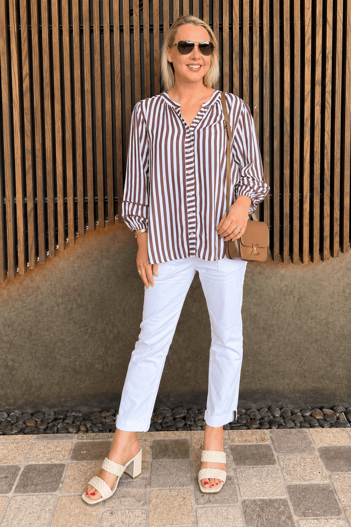 Montecito Stripe Top - Coffee - Pizazz BoutiqueThreadz