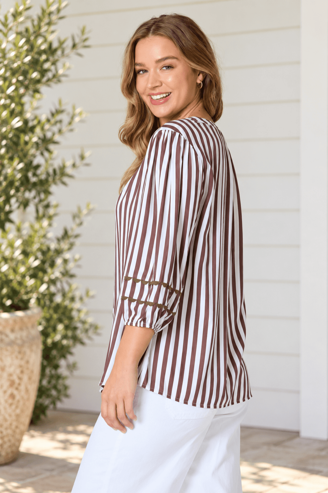Montecito Stripe Top - Coffee - Pizazz BoutiqueThreadz