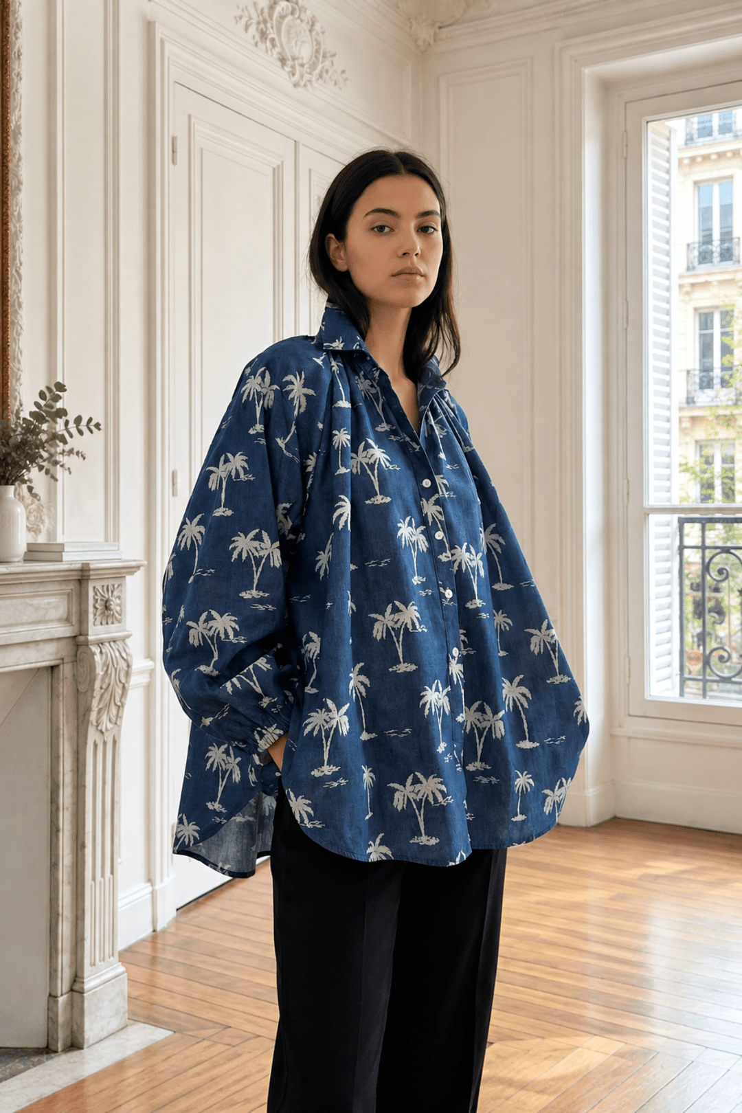 Palm Print Denim Shirt - KL3 - Pizazz BoutiqueKiik Luxe