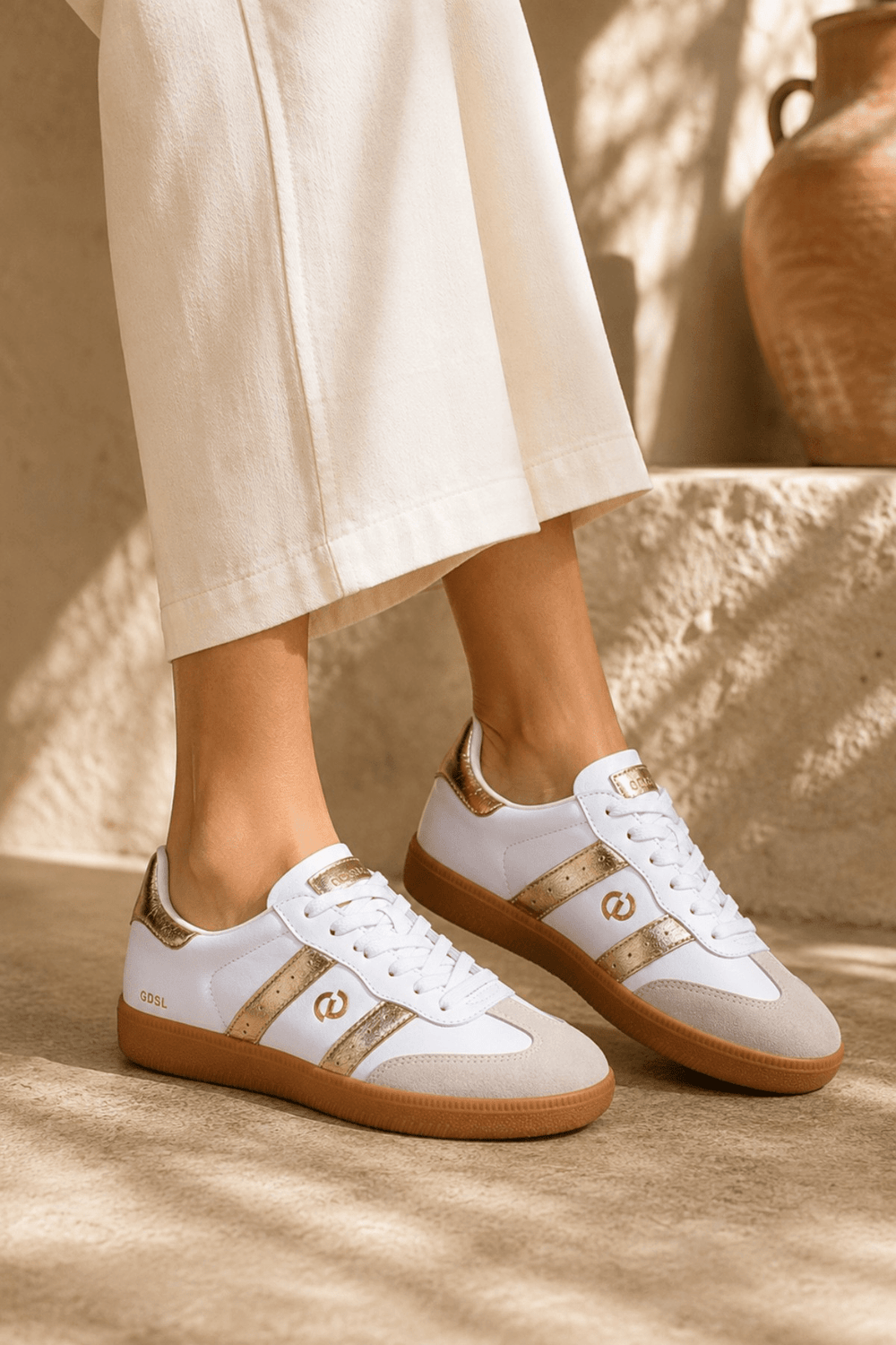 Parallel Sneaker - White/Gold Leather - GO3 - Pizazz BoutiqueGoodsole