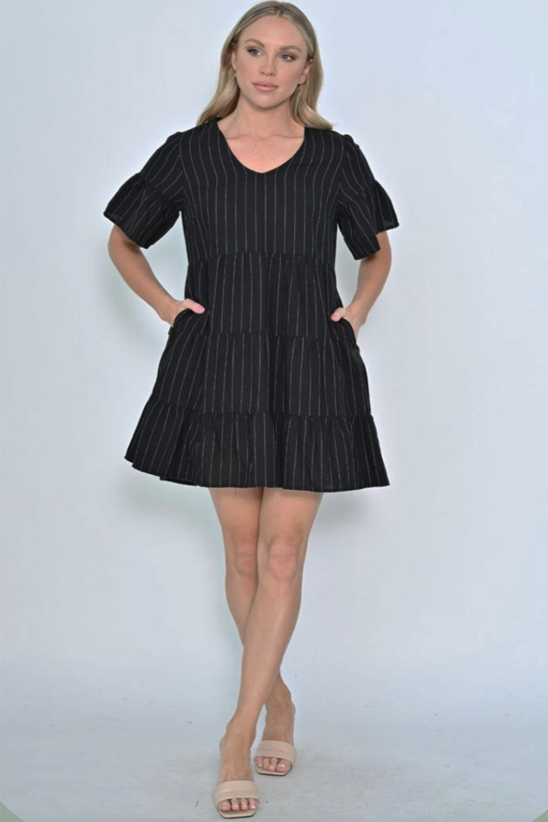 Pinstripe Linen Dress - Black - NU4