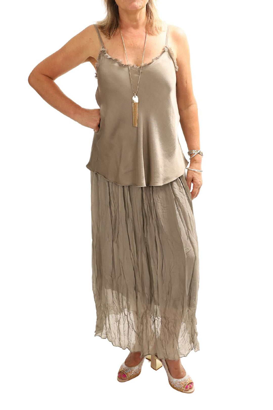Pleated Silk Jersey Skirt | Fawn | CG40