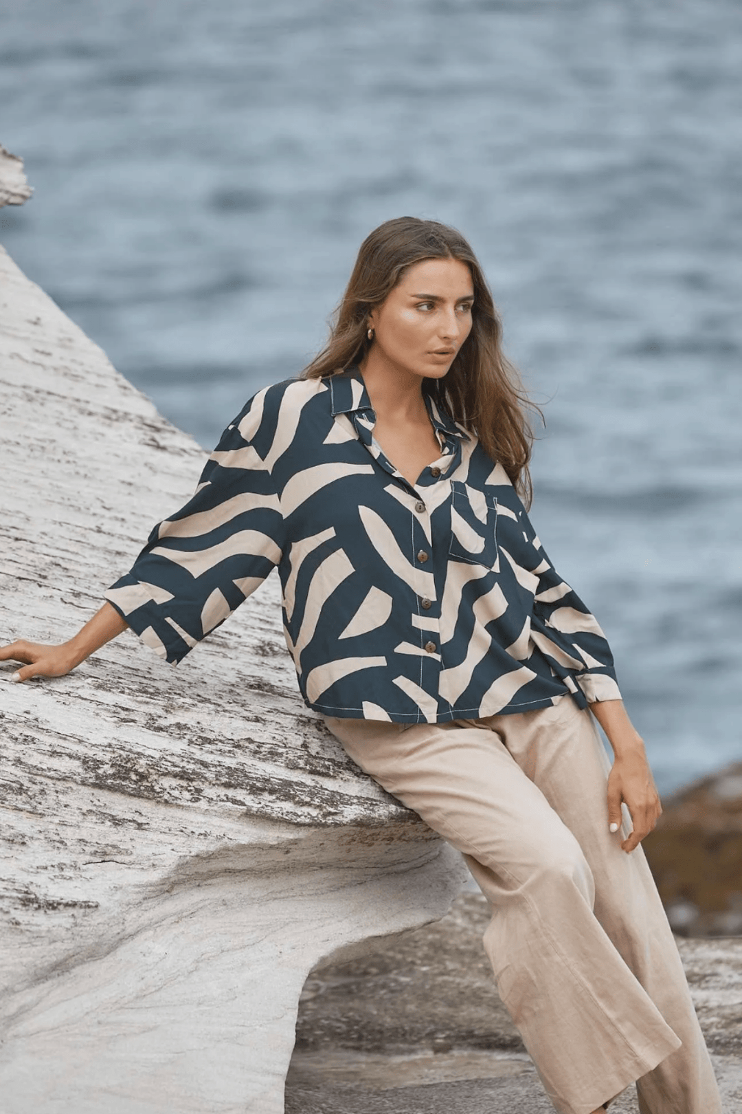 Portofino Cropped Shirt - Black & Cream - CB12 - Pizazz BoutiqueCarbon The Label