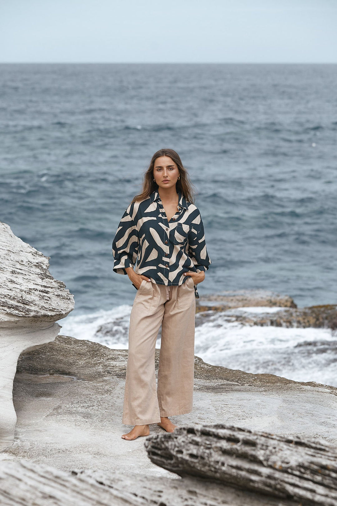 Portofino Cropped Shirt - Black & Cream - CB12 - Pizazz BoutiqueCarbon The Label