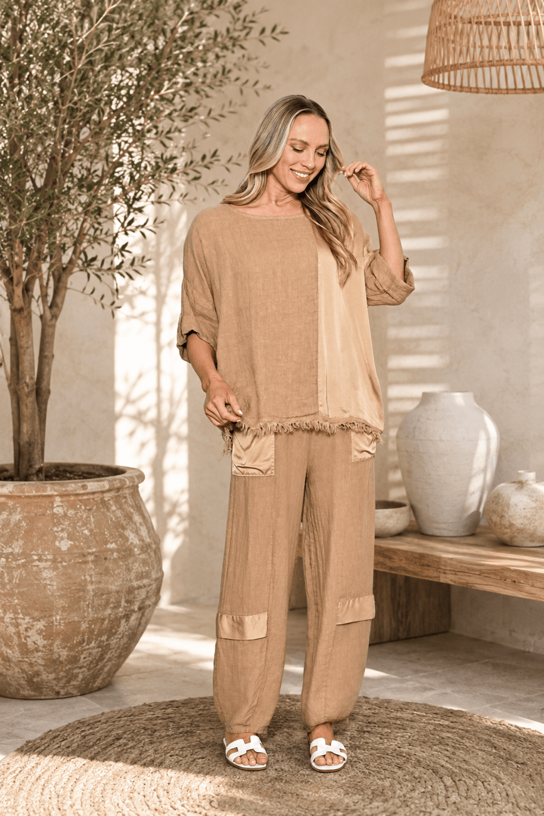 PRE ORDER - The Capri Satin Linen Set - Camel - AE22 - Pizazz BoutiqueAE Luxe