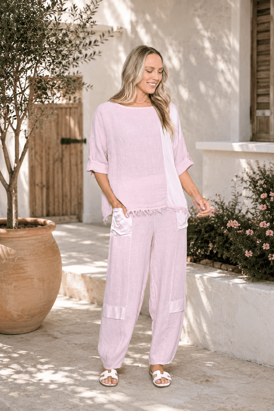PRE ORDER - The Capri Satin Linen Set - Pink - AE22 - Pizazz BoutiqueAE Luxe