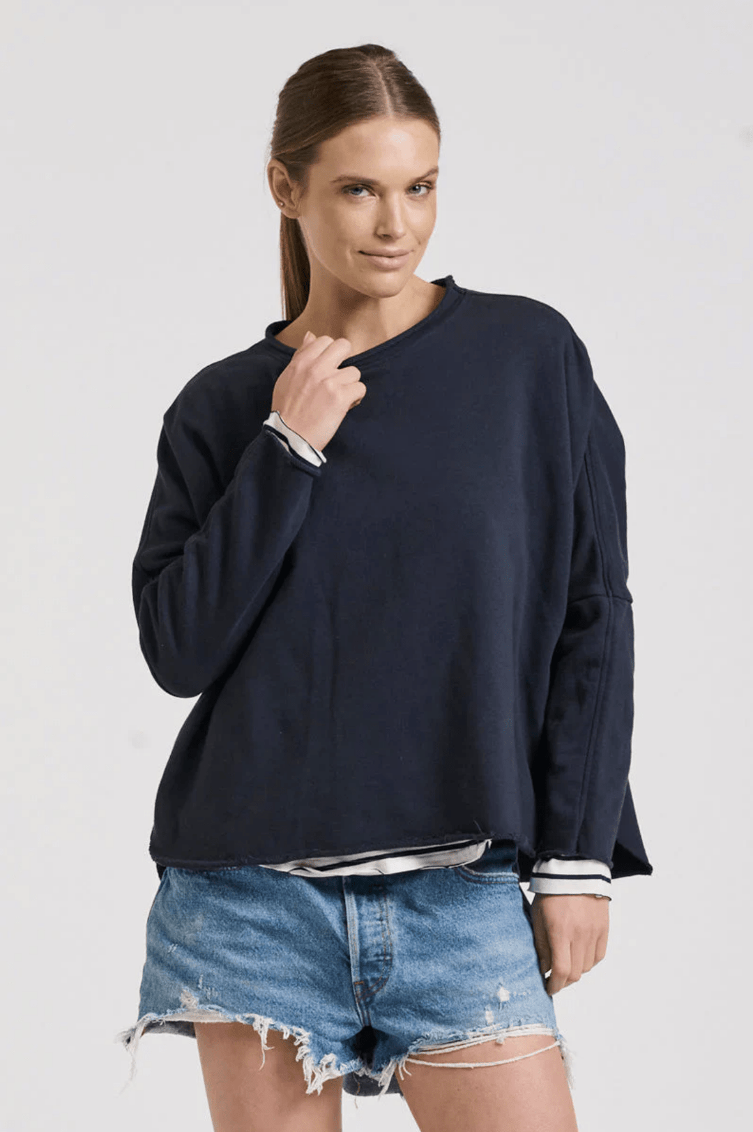 Raw Long Sleeve High Low Sweat - Navy - EST3 - Pizazz BoutiqueEST 1971