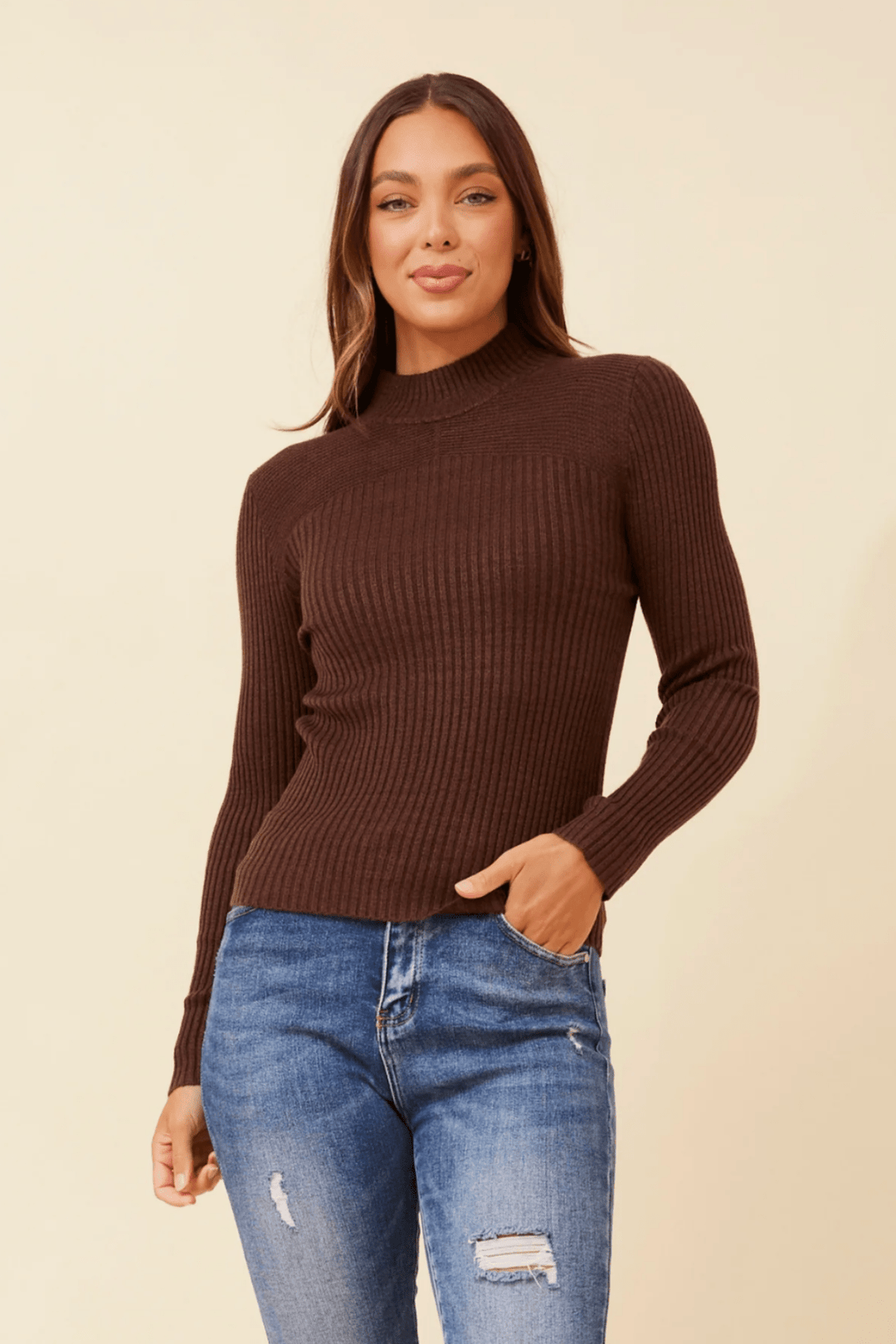 Ribbed Turtle Neck - Chocolate - CK35 - Pizazz BoutiqueCaroline Morgan