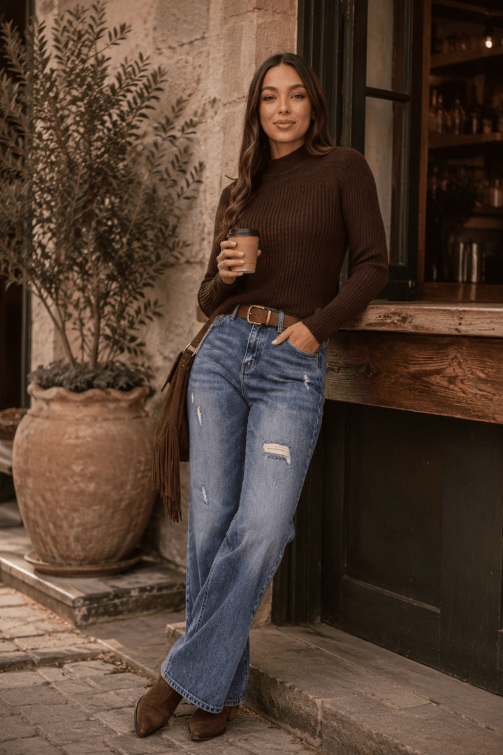 Ribbed Turtle Neck - Chocolate - CK35 - Pizazz BoutiqueCaroline Morgan