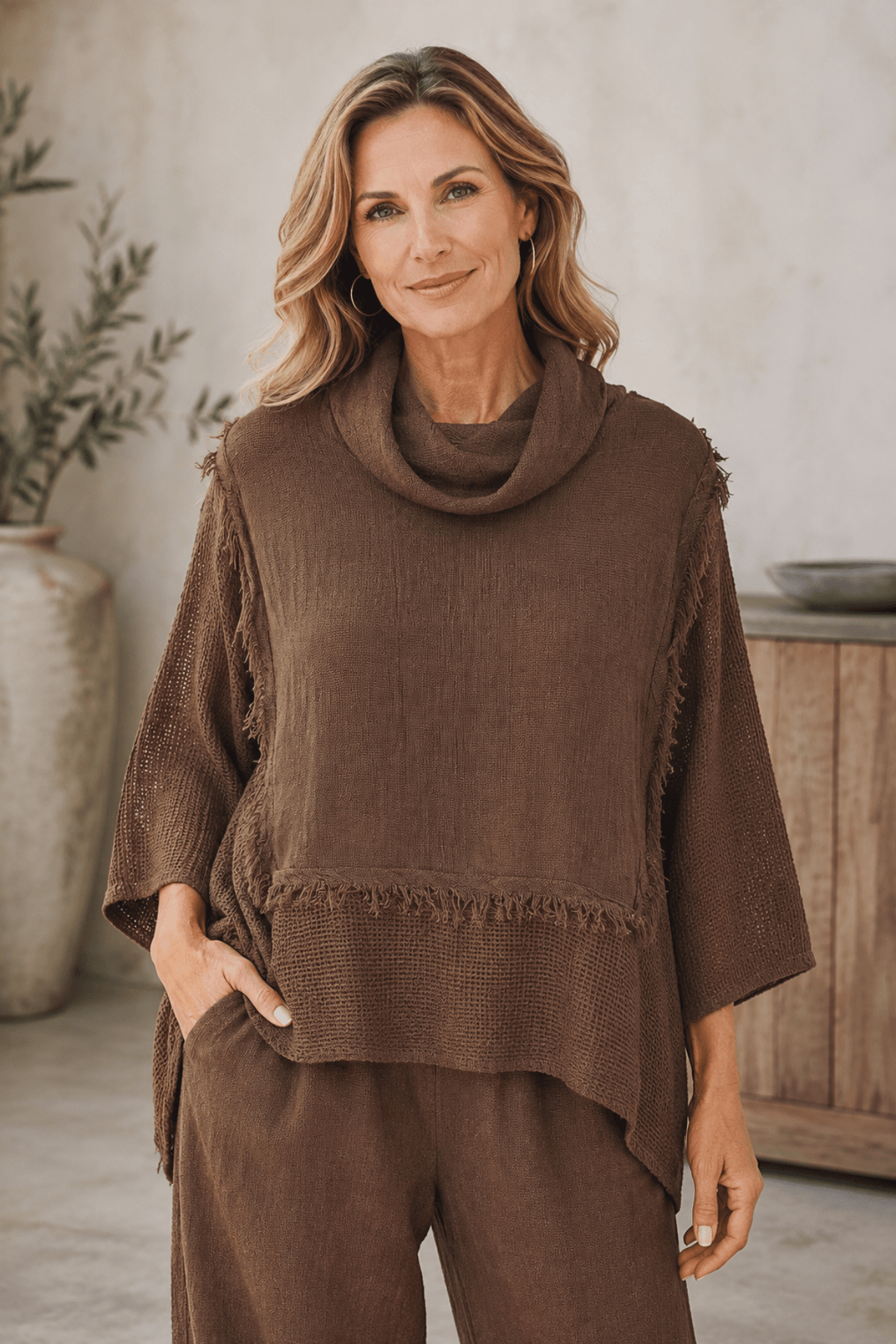 Roll Neck Linen Top - Brown - An8 - Pizazz BoutiqueVera May
