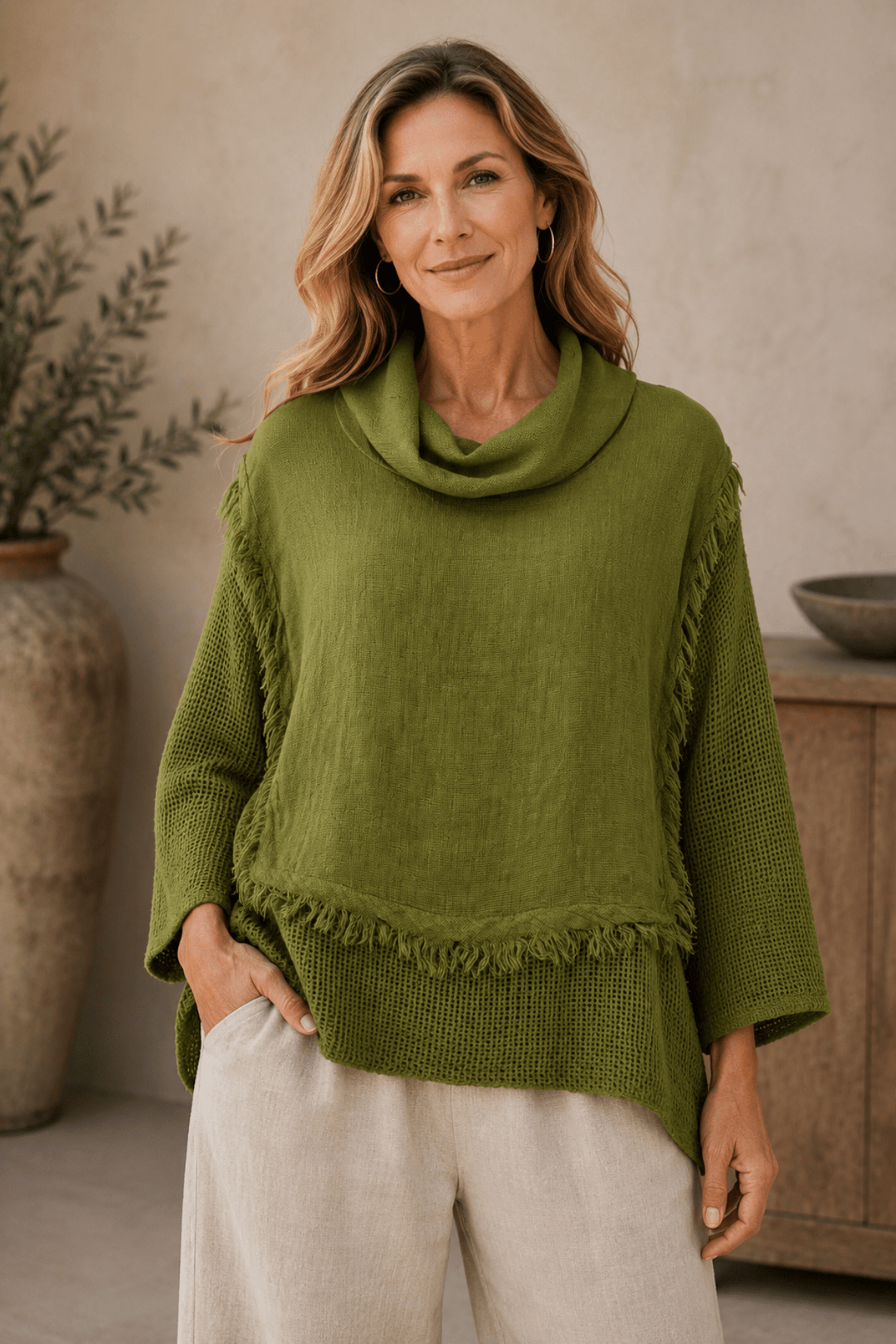 Roll Neck Linen Top - Caper - An8 - Pizazz BoutiqueVera May