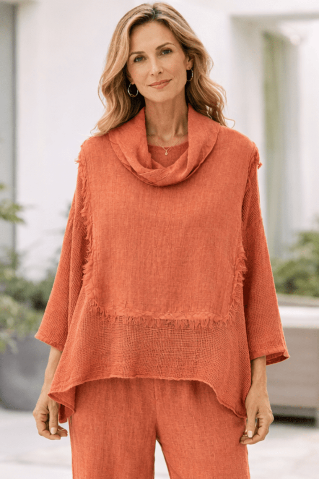 Roll Neck Linen Top - Pomegranate - An8 - Pizazz BoutiqueVera May