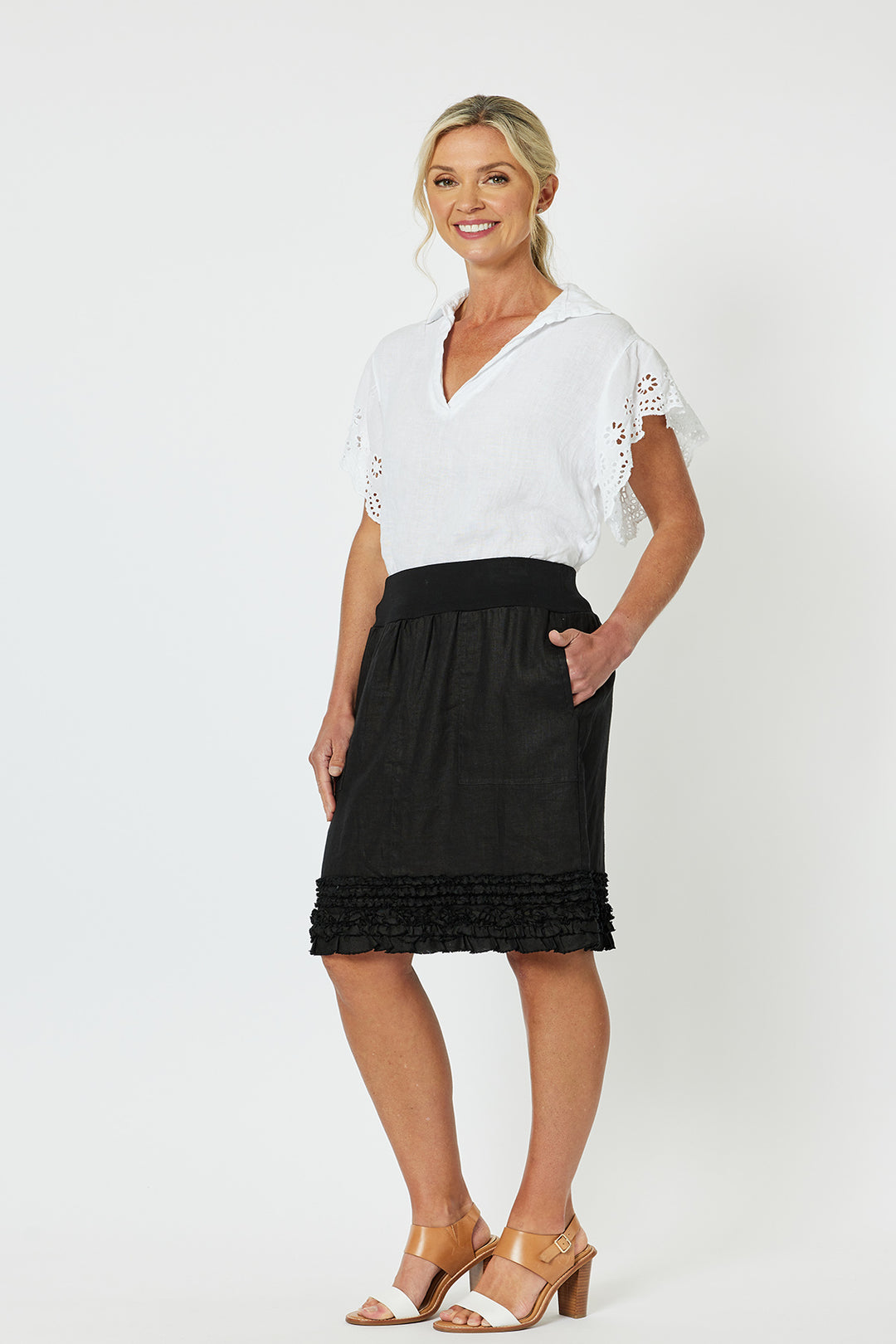 Ruffled Linen Skirt - Black - GS22