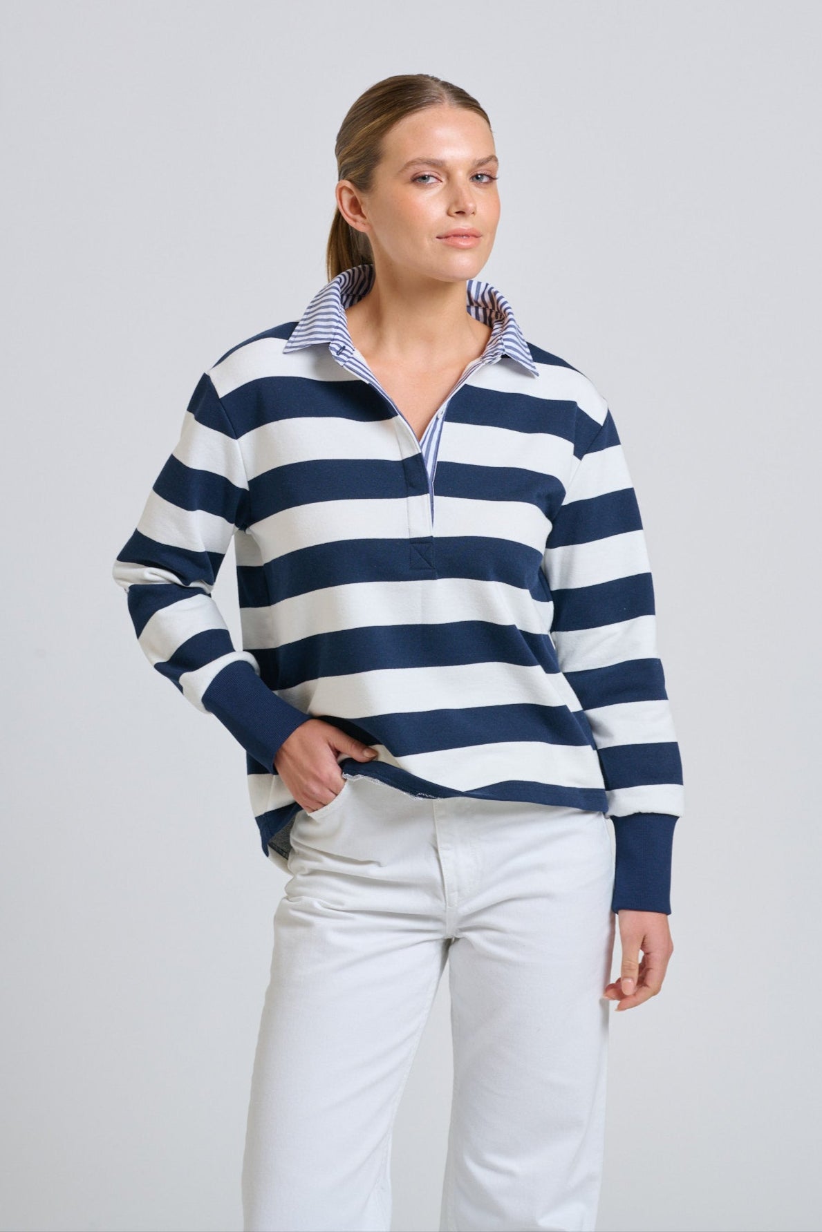 Rugby Crop Sweatshirt - French Navy - EST14 - Pizazz BoutiqueEST 1971