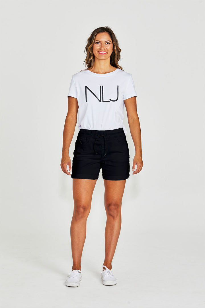 women standing with rye shorts in black & white NLJ t-shirt by New London Jeans. Sold & shipped by Pizazz Boutique Nelson Bay . 