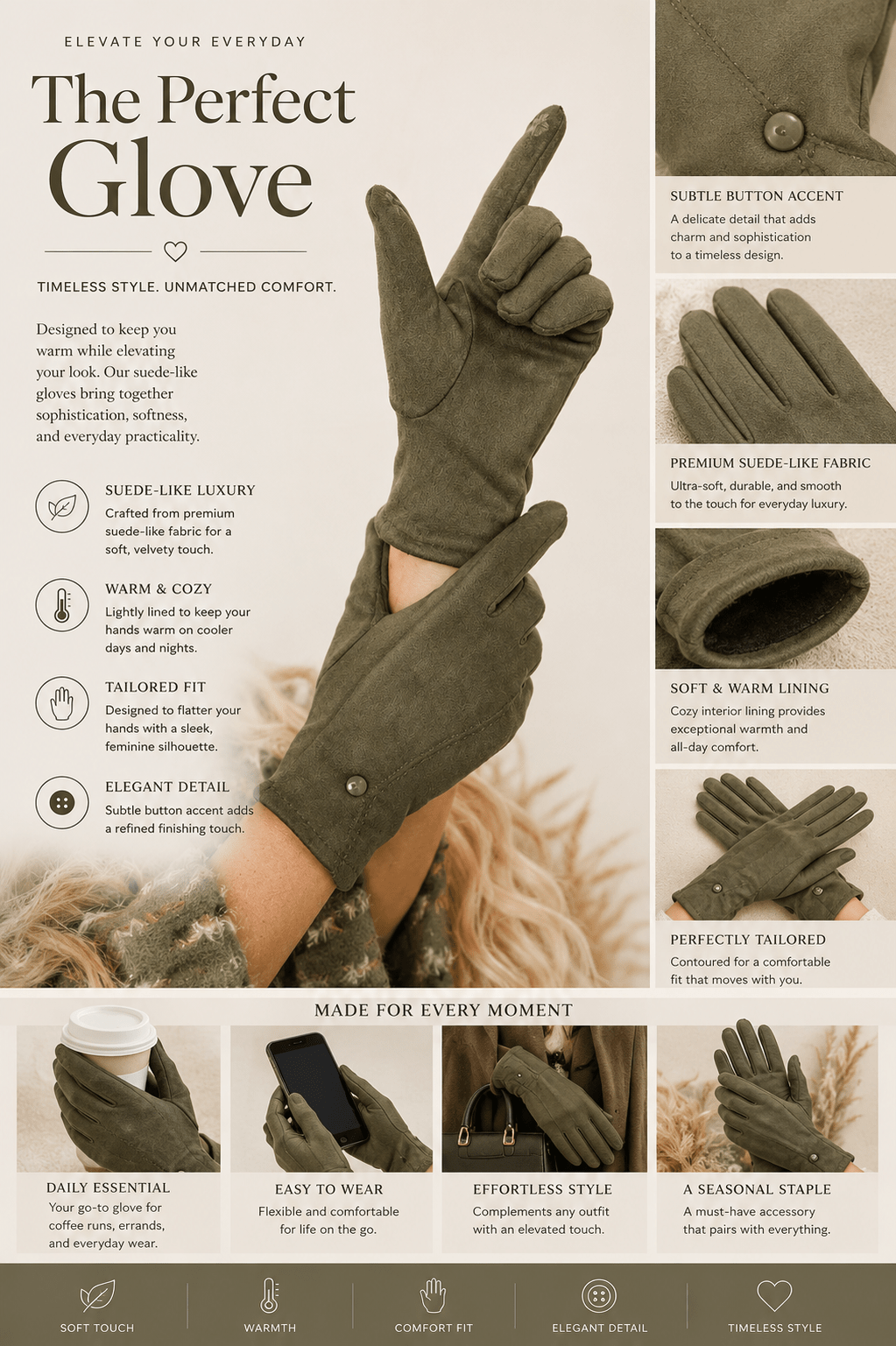 Sarah Stretch Gloves - Khaki - FR8 - Pizazz BoutiqueFree Spirit