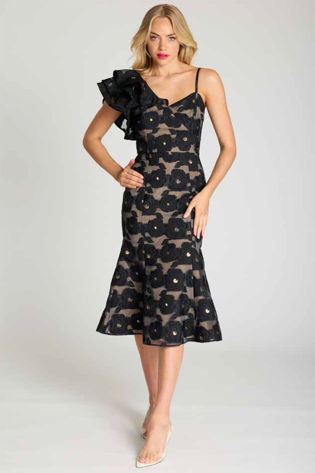 One shoulder layered sleeve midi length with a slight flared hem, lace with black flower detailing designed by Romance and sold by Pizazz Boutique ladies clothing Nelson Bay dress shops