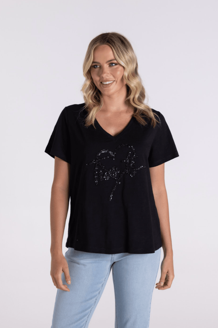Sequin Heart Logo Tee - Black - TT6 - Pizazz BoutiqueTwo - T's