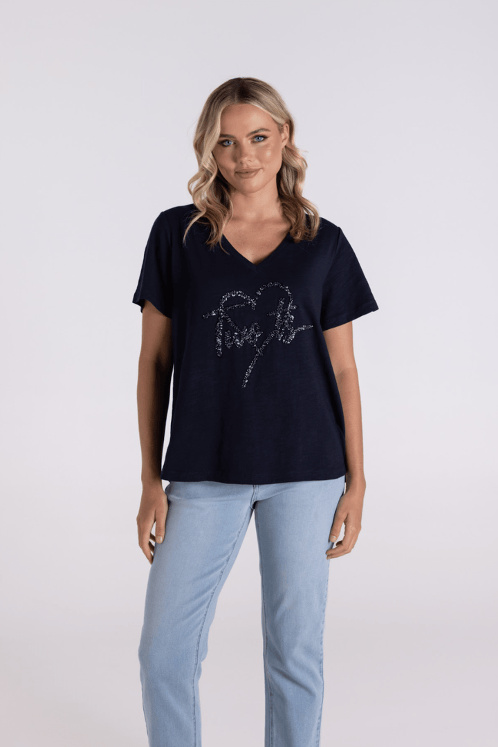 Sequin Heart Logo Tee - Navy - TT6 - Pizazz BoutiqueTwo - T's