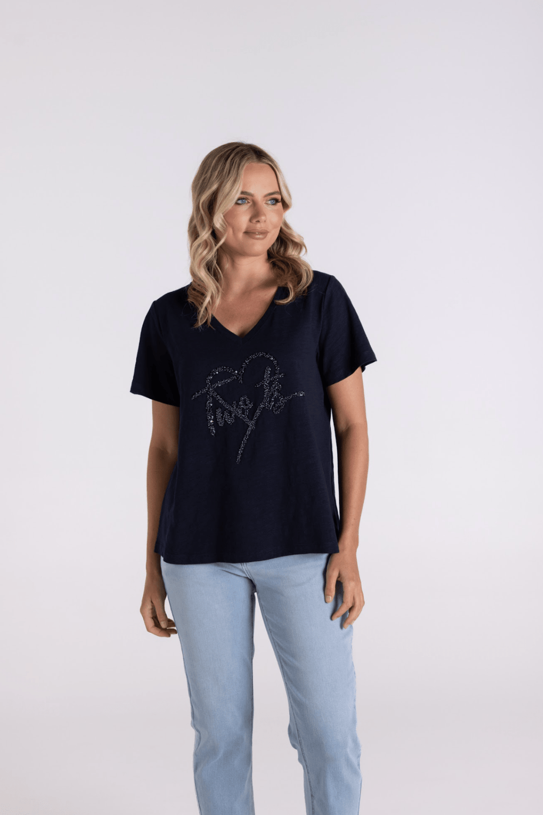 Sequin Heart Logo Tee - Navy - TT6 - Pizazz BoutiqueTwo - T's