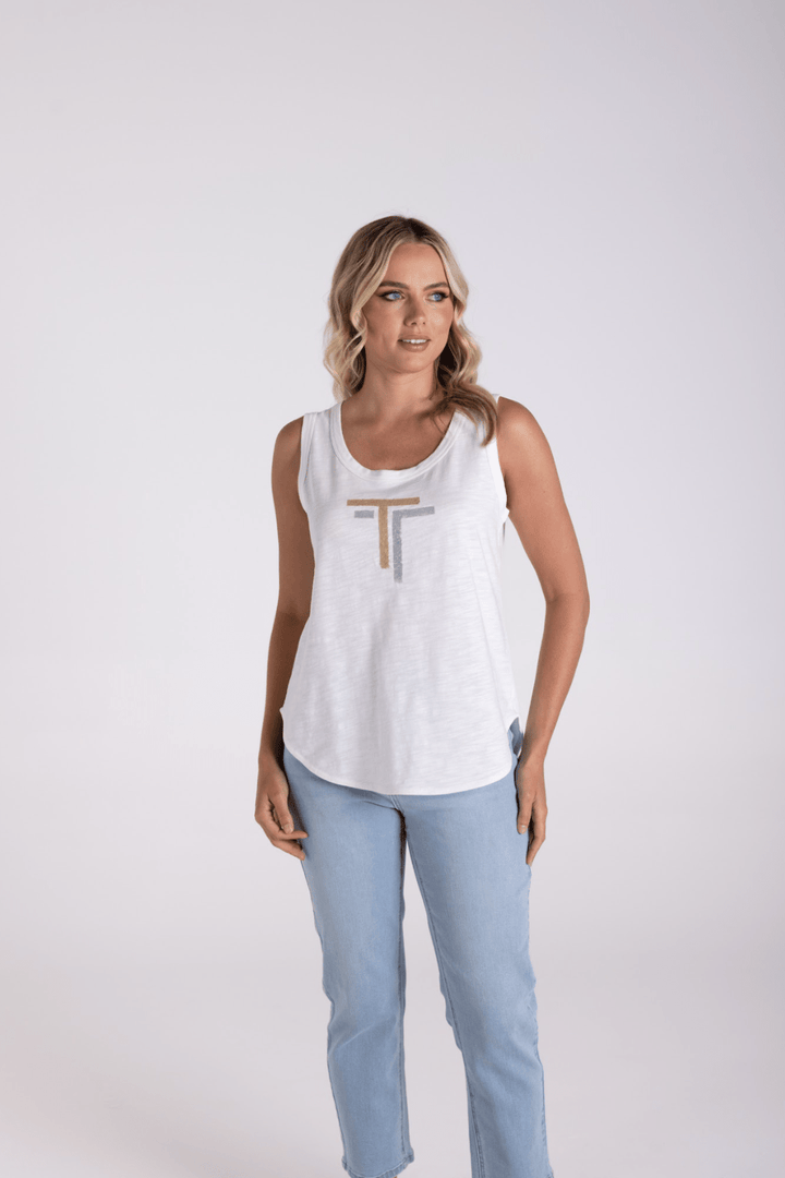 Sequin Logo Tank - White - TT13 - Pizazz BoutiqueTwo - T's