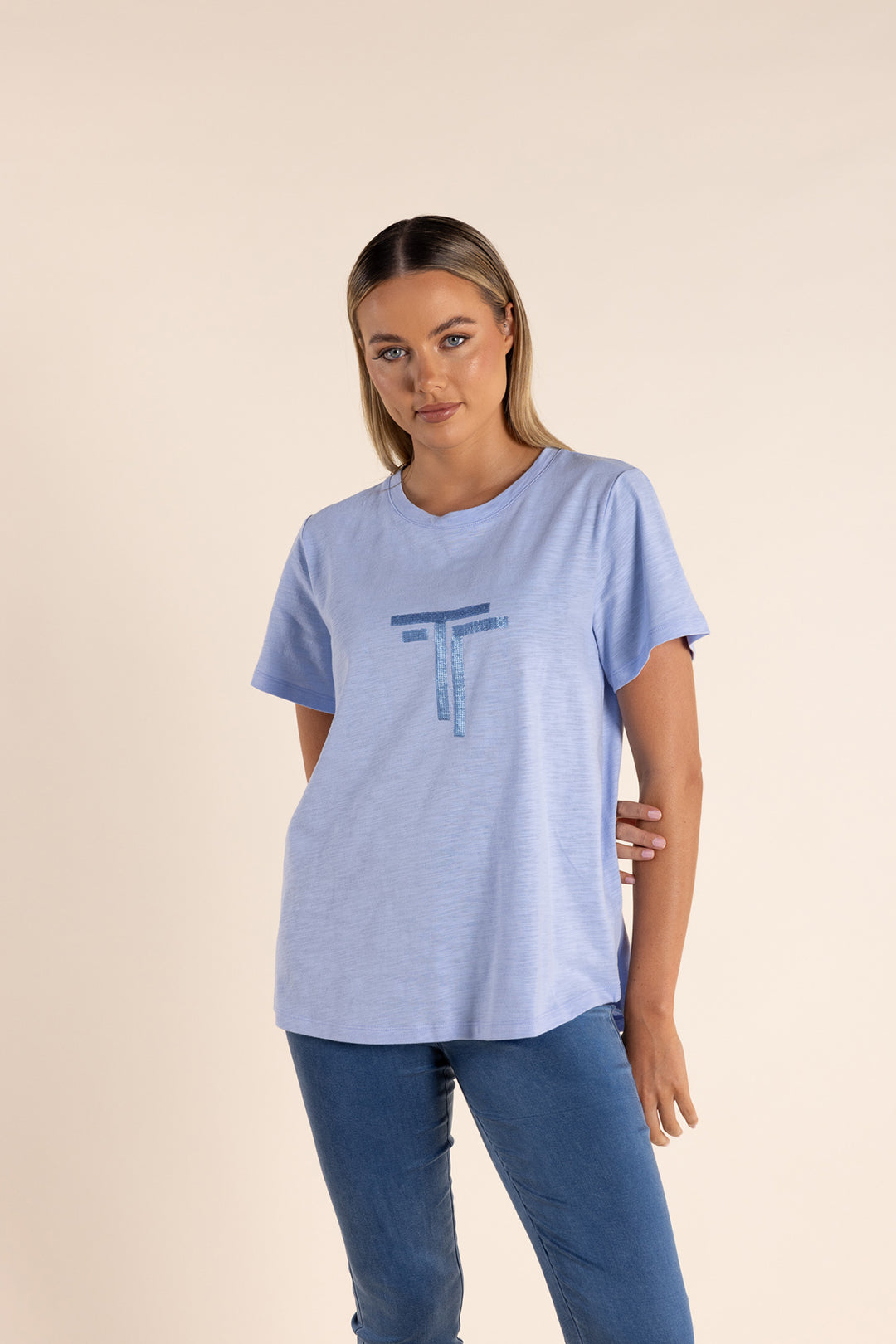 Logo Sequin Crew Tee - Sky - TT53