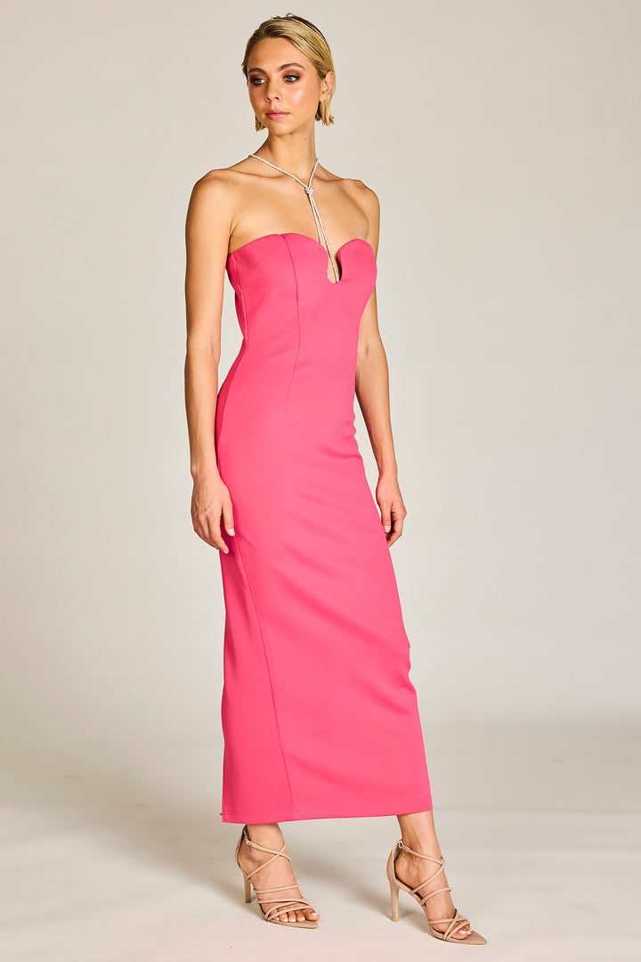 Serena formal dress in hot pink with diamonds side view by Romance The Label