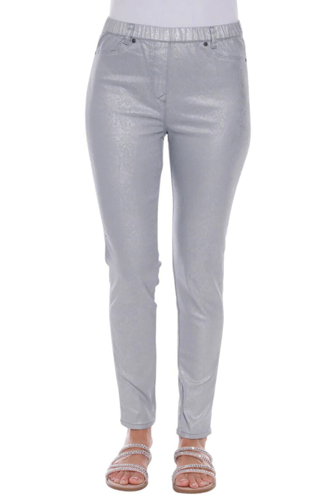 Woman wearing silver foil pants by Cafe Latte Clothing, sold and shipped from Pizazz Boutique online women's clothes shops Australia