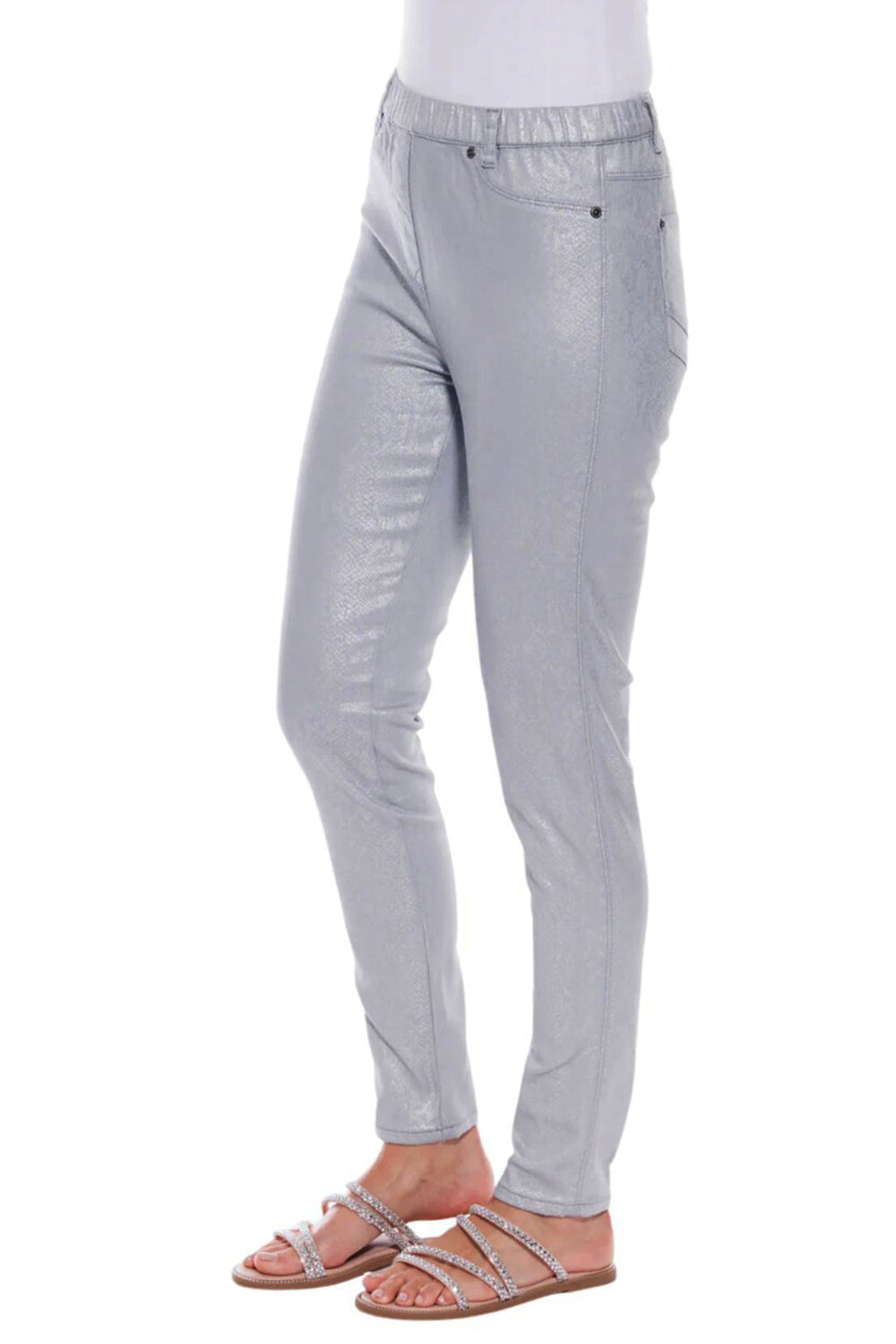 Woman wearing silver foil pants by Cafe Latte Clothing, sold and shipped from Pizazz Boutique online women's clothes shops Australia