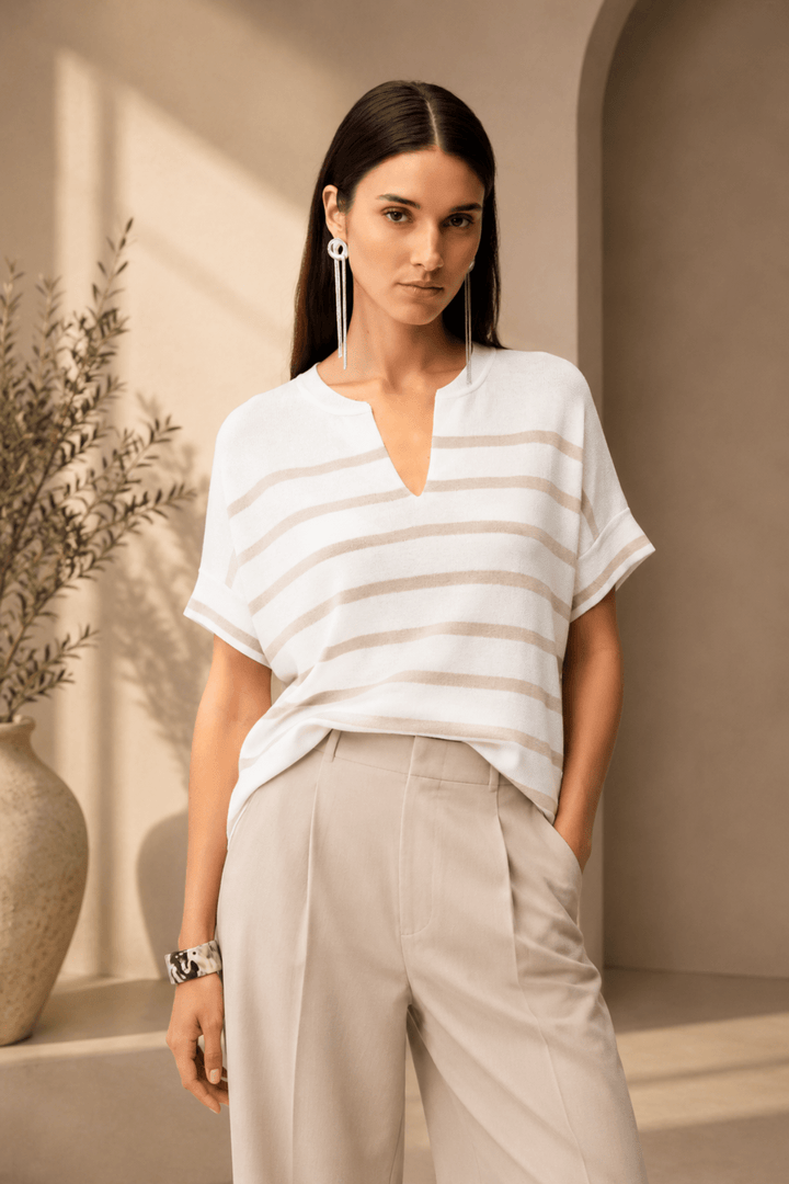 S/S Stripe Sweater - Vanilla/Moonstone- JR3 - Pizazz BoutiqueJoseph Ribkoff