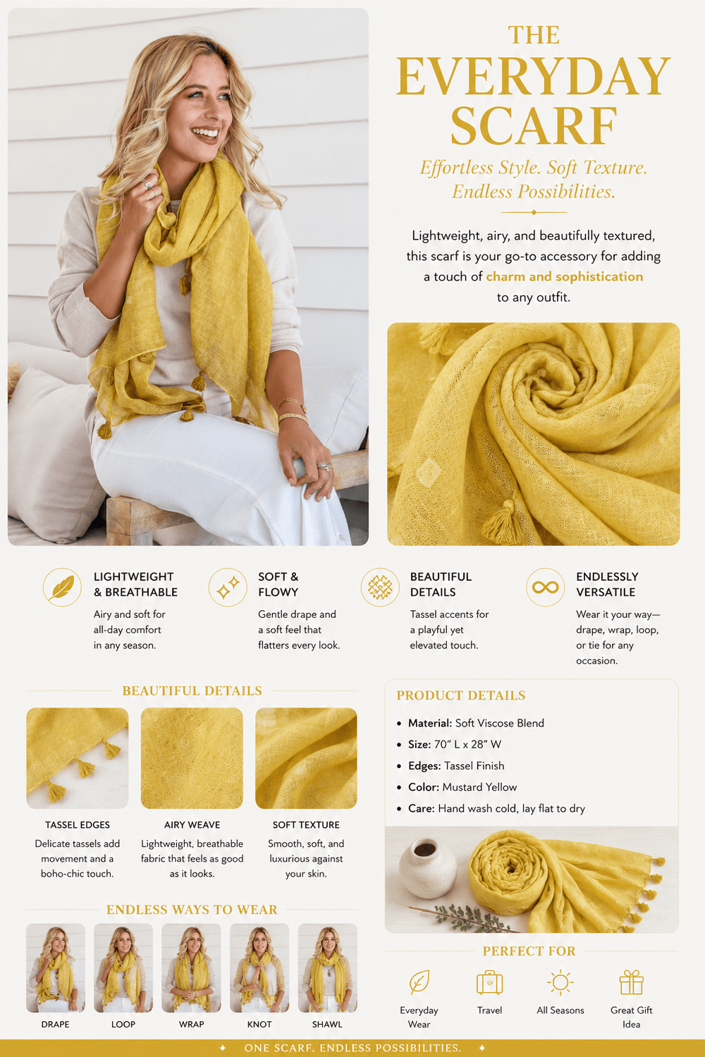 Tassel Scarf - Mustard - FR29 - Pizazz BoutiqueFree Spirit
