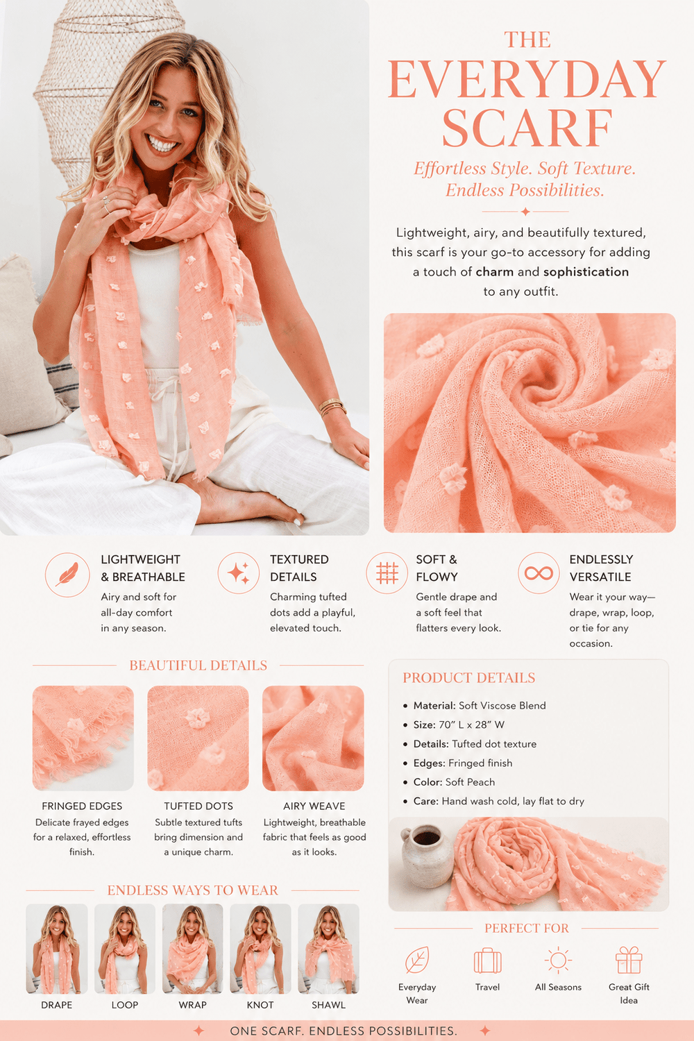 Textured Scarf - Apricot Crush - FR32 - Pizazz BoutiqueFree Spirit