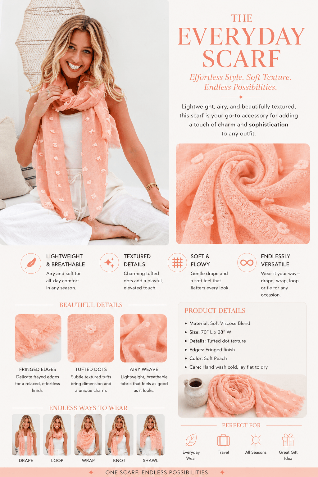 Textured Scarf - Apricot Crush - FR32 - Pizazz BoutiqueFree Spirit
