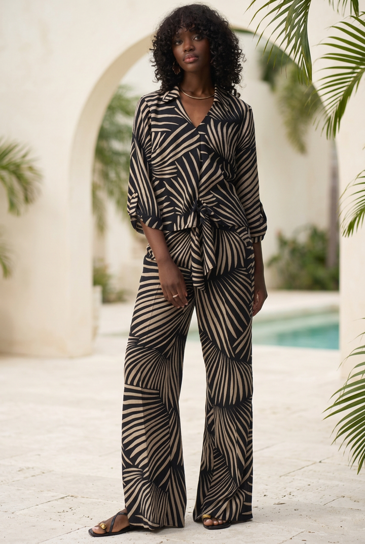 Gauze Tropical Print Wide Leg Pant - Black - JR56