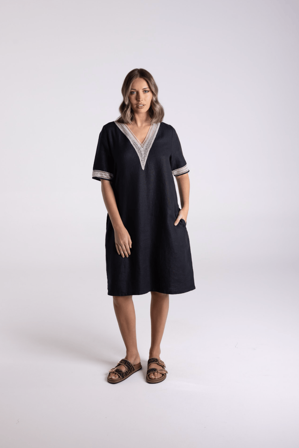 V - Neck Dress - Black/Natural - TT67 - Pizazz BoutiqueTwo - T's